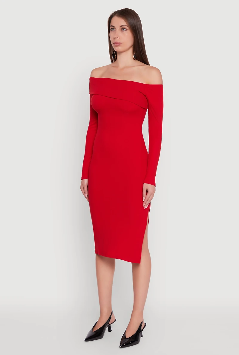 Womens Asymmetrical Fold Over Off The Shoulder Side Slit Dress, Red, Size L