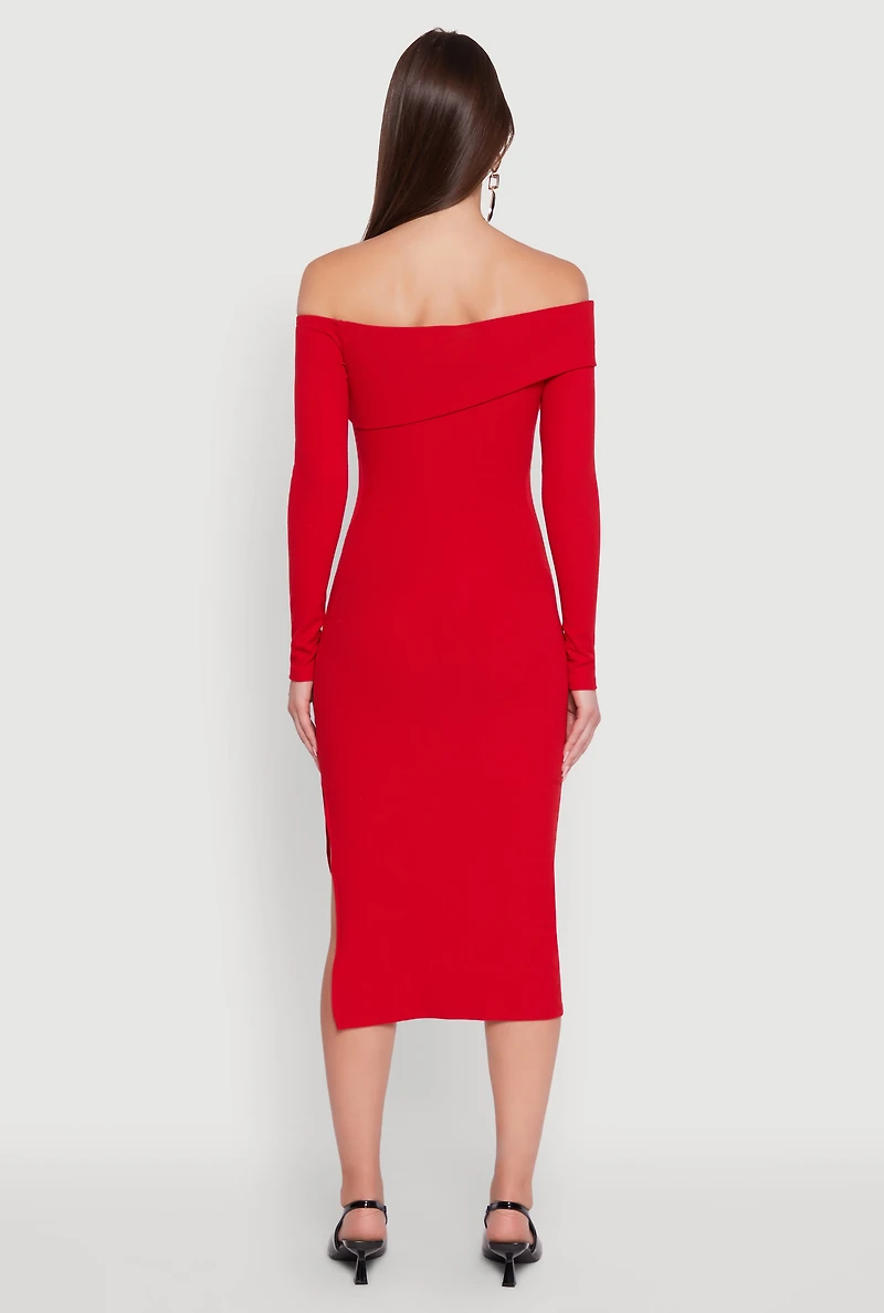Womens Asymmetrical Fold Over Off The Shoulder Side Slit Dress, Red, Size M