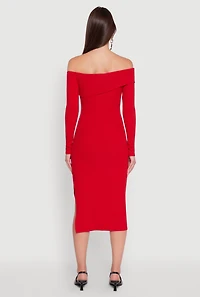 Womens Asymmetrical Fold Over Off The Shoulder Side Slit Dress, Red, Size M
