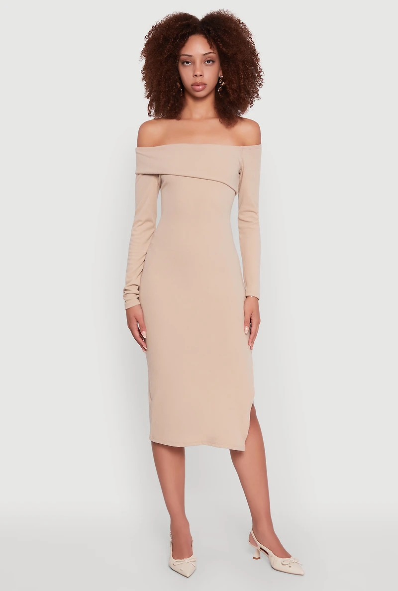 Womens Asymmetrical Fold Over Off The Shoulder Side Slit Dress, Beige, Size S