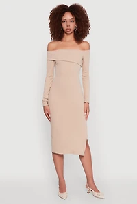 Womens Asymmetrical Fold Over Off The Shoulder Side Slit Dress, Beige, Size S
