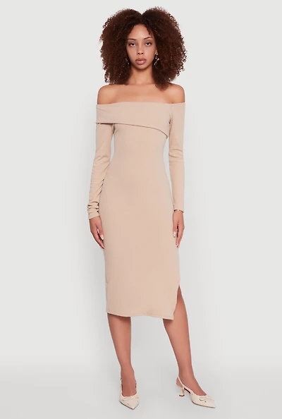 Asymmetrical Fold Over Off The Shoulder Side Slit Dress