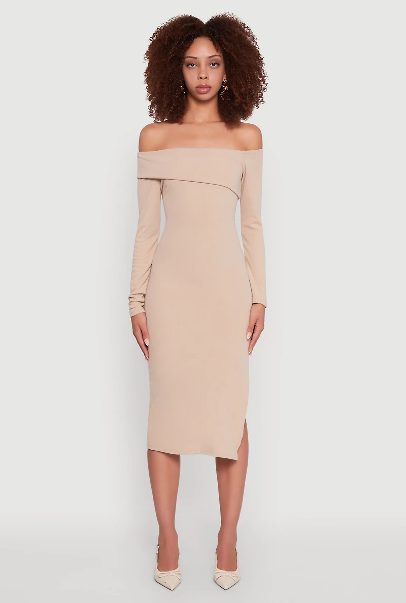 Womens Asymmetrical Fold Over Off The Shoulder Side Slit Dress, Beige,