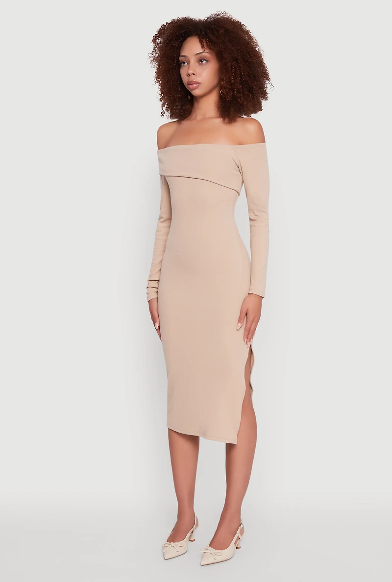 Womens Asymmetrical Fold Over Off The Shoulder Side Slit Dress, Beige,