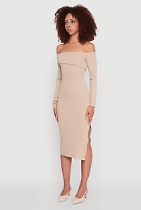 Womens Asymmetrical Fold Over Off The Shoulder Side Slit Dress, Beige,