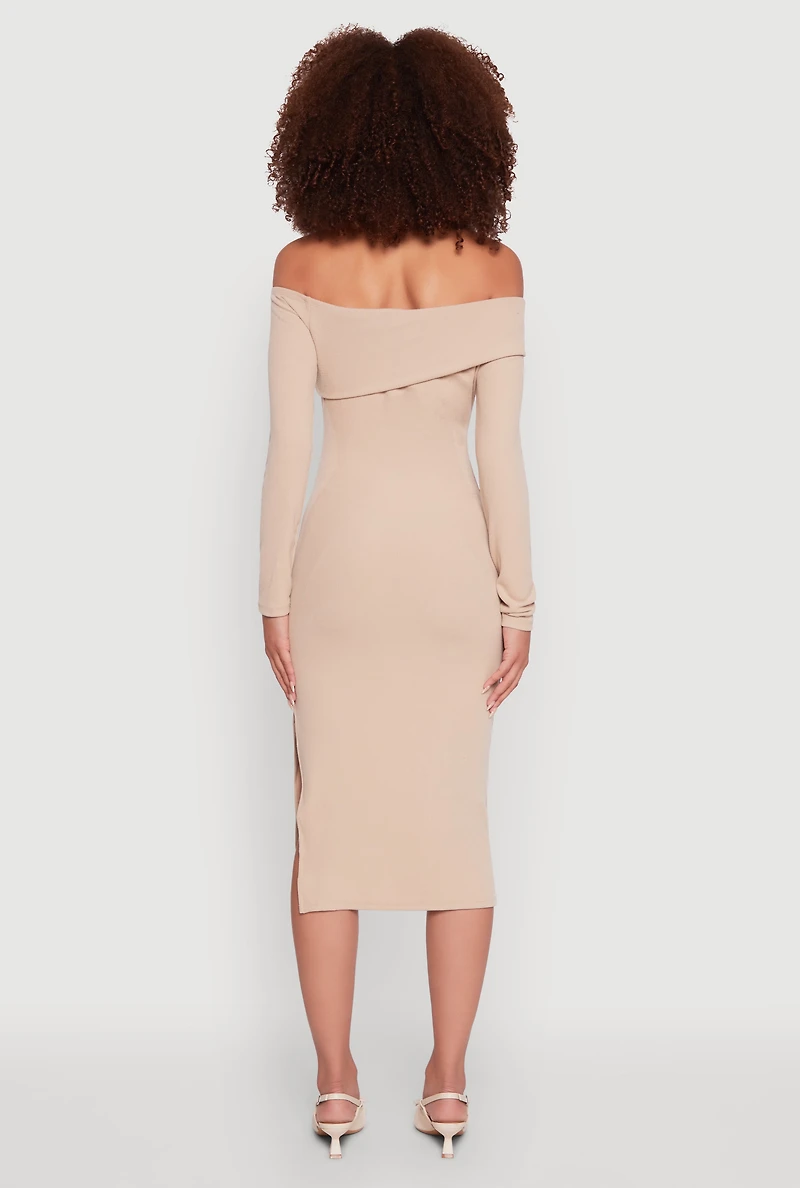 Womens Asymmetrical Fold Over Off The Shoulder Side Slit Dress, Beige,