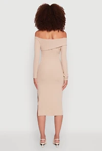Womens Asymmetrical Fold Over Off The Shoulder Side Slit Dress, Beige,