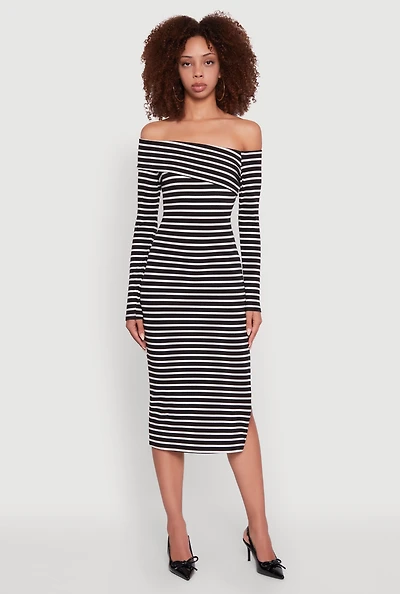 Womens Striped Asymmetrical Fold Over Off The Shoulder Side Slit Dress,