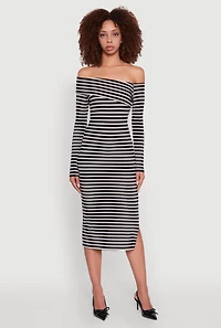 Womens Striped Asymmetrical Fold Over Off The Shoulder Side Slit Dress,