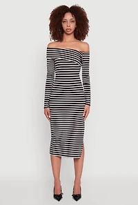 Womens Striped Asymmetrical Fold Over Off The Shoulder Side Slit Dress,