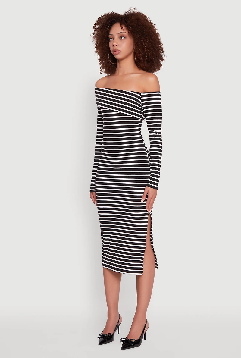 Womens Striped Asymmetrical Fold Over Off The Shoulder Side Slit Dress, Black, Size L