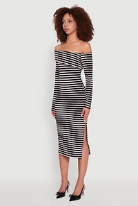 Womens Striped Asymmetrical Fold Over Off The Shoulder Side Slit Dress, Black, Size L