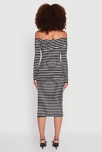 Womens Striped Asymmetrical Fold Over Off The Shoulder Side Slit Dress, Black, Size L