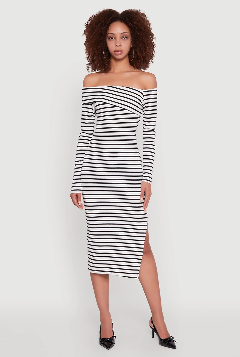 Womens Striped Asymmetrical Fold Over Off The Shoulder Side Slit Dress, Multi,