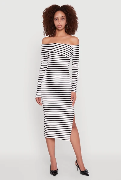Womens Striped Asymmetrical Fold Over Off The Shoulder Side Slit Dress, Multi,