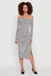 Womens Striped Asymmetrical Fold Over Off The Shoulder Side Slit Dress, Multi,