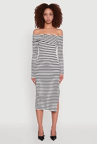 Womens Striped Asymmetrical Fold Over Off The Shoulder Side Slit Dress, Multi,