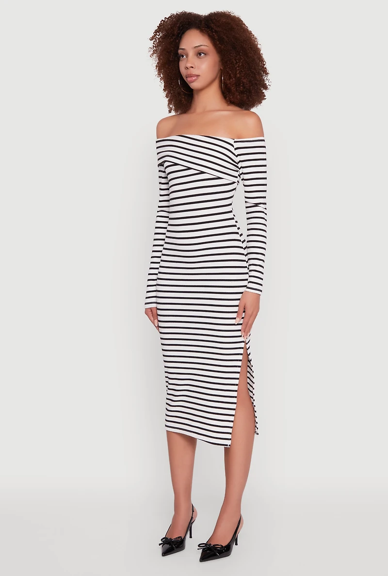 Womens Striped Asymmetrical Fold Over Off The Shoulder Side Slit Dress, Multi,