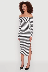 Womens Striped Asymmetrical Fold Over Off The Shoulder Side Slit Dress, Multi,