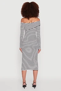 Womens Striped Asymmetrical Fold Over Off The Shoulder Side Slit Dress, Multi,