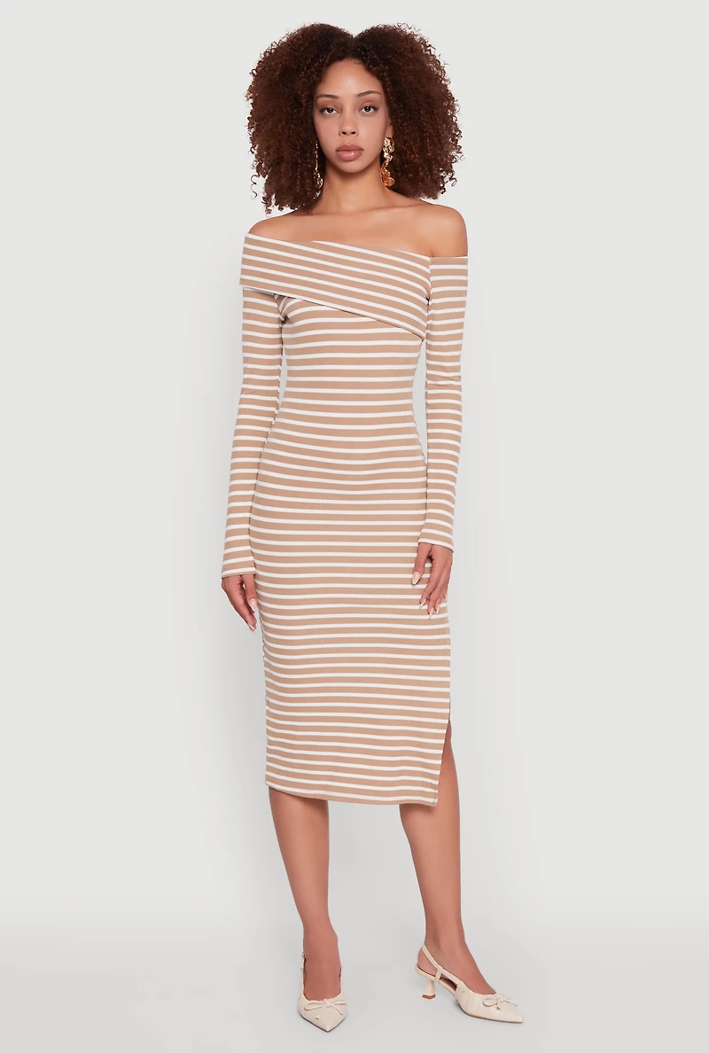 Womens Striped Asymmetrical Fold Over Off The Shoulder Side Slit Dress,