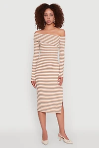 Womens Striped Asymmetrical Fold Over Off The Shoulder Side Slit Dress,