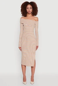 Womens Striped Asymmetrical Fold Over Off The Shoulder Side Slit Dress,