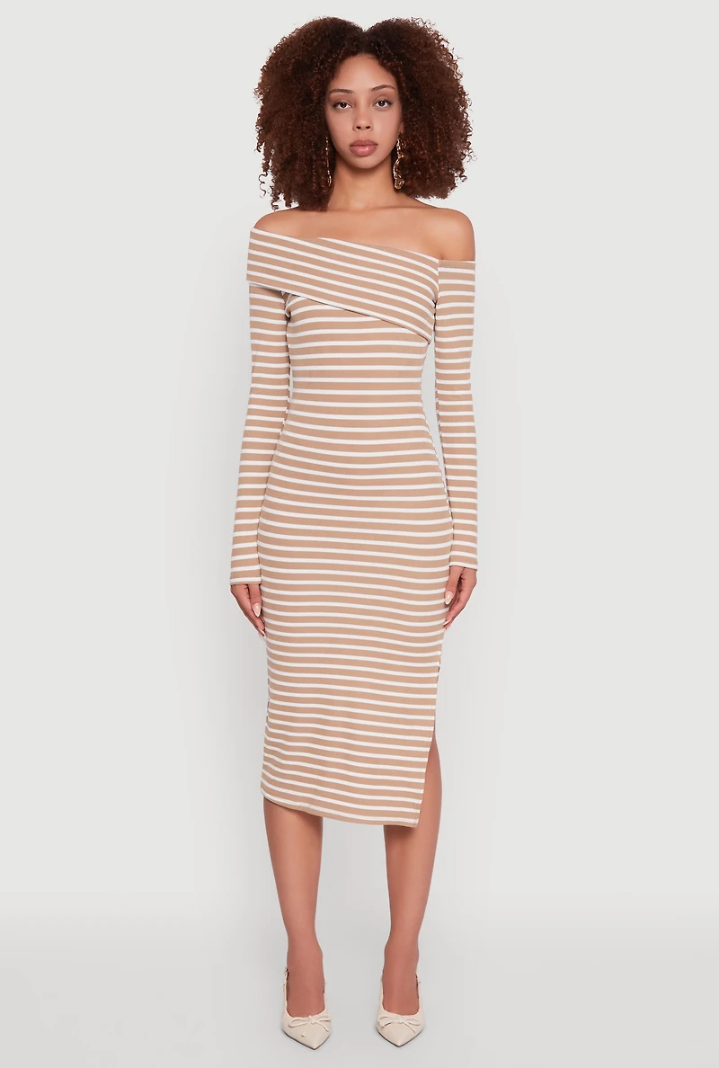 Womens Striped Asymmetrical Fold Over Off The Shoulder Side Slit Dress, Beige, Size M