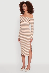 Womens Striped Asymmetrical Fold Over Off The Shoulder Side Slit Dress,