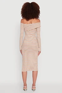Womens Striped Asymmetrical Fold Over Off The Shoulder Side Slit Dress,