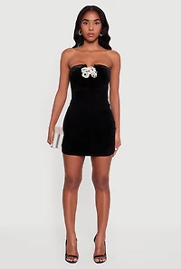 Womens Velvet Strapless Mini Dress with Faux Pearl Bows, Black, Size M