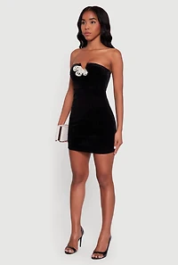Womens Velvet Strapless Mini Dress with Faux Pearl Bows, Black, Size S