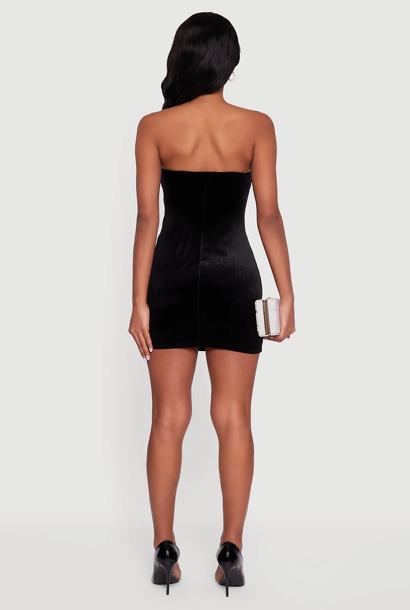 Womens Velvet Strapless Mini Dress with Faux Pearl Bows, Black, Size S