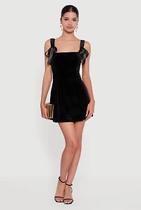 Womens Velvet Bow Strap Square Neck Mini Dress, Black, Size M