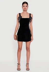 Womens Velvet Bow Strap Square Neck Mini Dress, Black, Size M