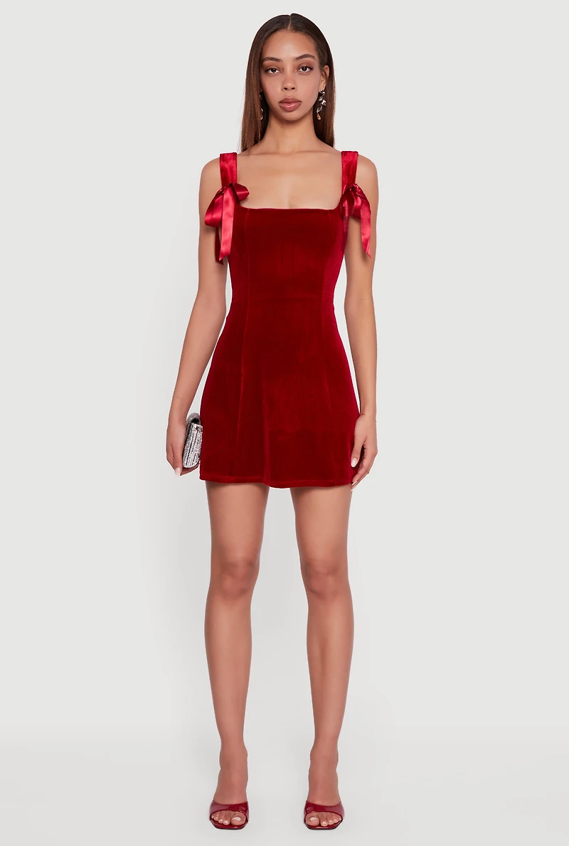Velvet Bow Strap Square Neck Mini Dress