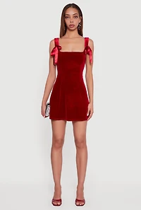 Velvet Bow Strap Square Neck Mini Dress