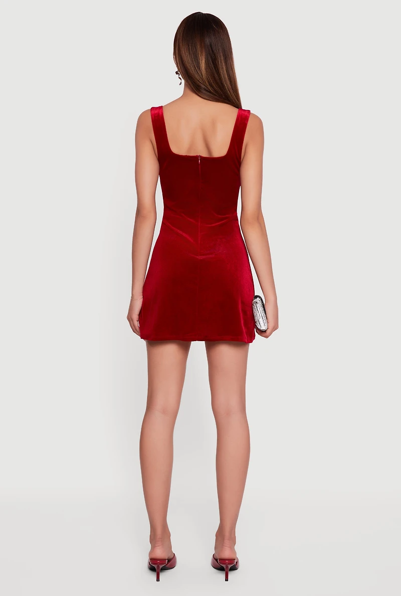 Velvet Bow Strap Square Neck Mini Dress