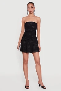 Glitter Floral Ruched Strapless Mini Dress