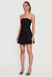 Glitter Floral Ruched Strapless Mini Dress