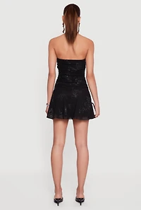 Glitter Floral Ruched Strapless Mini Dress