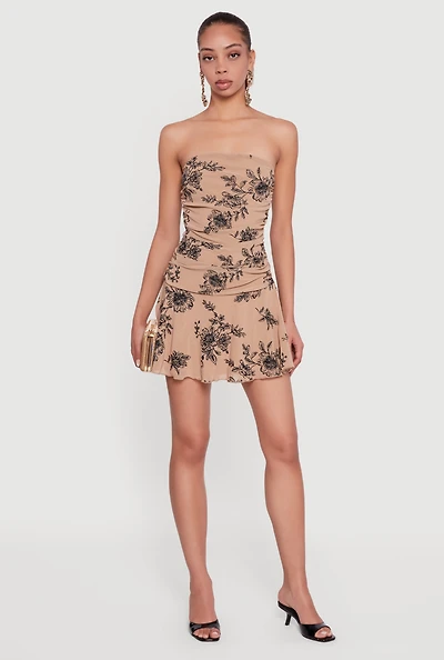 Glitter Floral Ruched Strapless Mini Dress