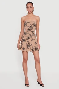 Glitter Floral Ruched Strapless Mini Dress