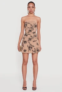 Glitter Floral Ruched Strapless Mini Dress