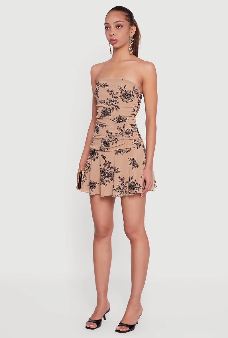 Glitter Floral Ruched Strapless Mini Dress