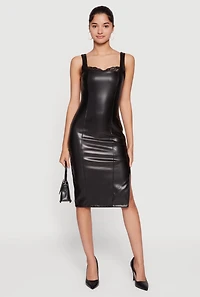 Faux Leather Lace Detail Side Slit Tank Dress