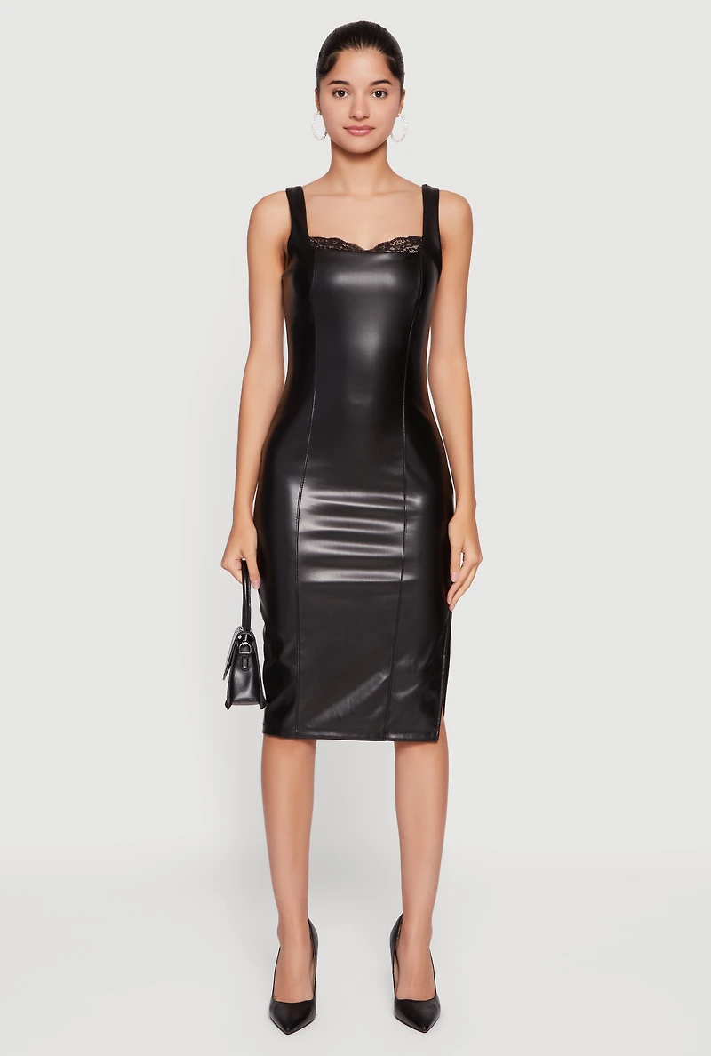 Faux Leather Lace Detail Side Slit Tank Dress