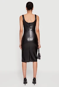 Faux Leather Lace Detail Side Slit Tank Dress