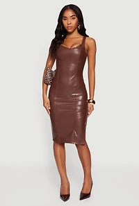 Womens Faux Leather Lace Detail Side Slit Tank Dress, Brown, Size L