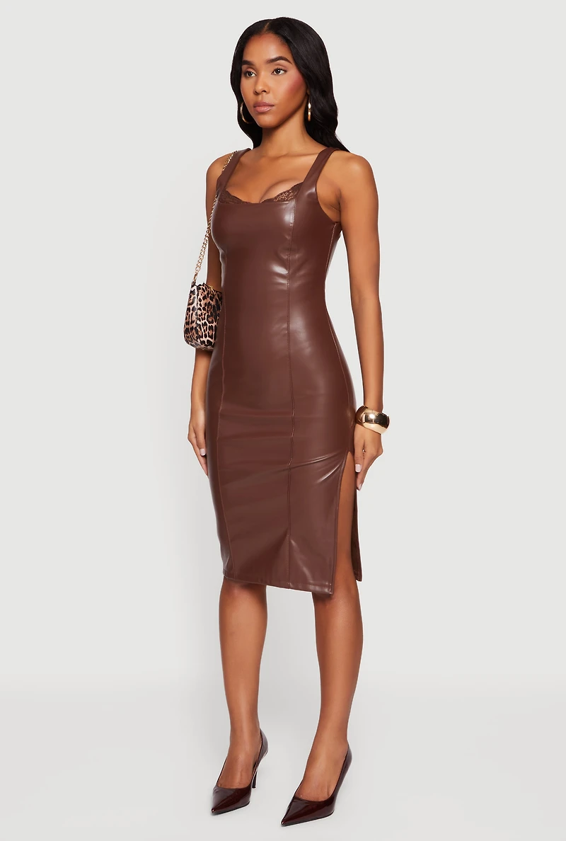 Womens Faux Leather Lace Detail Side Slit Tank Dress, Brown, Size L